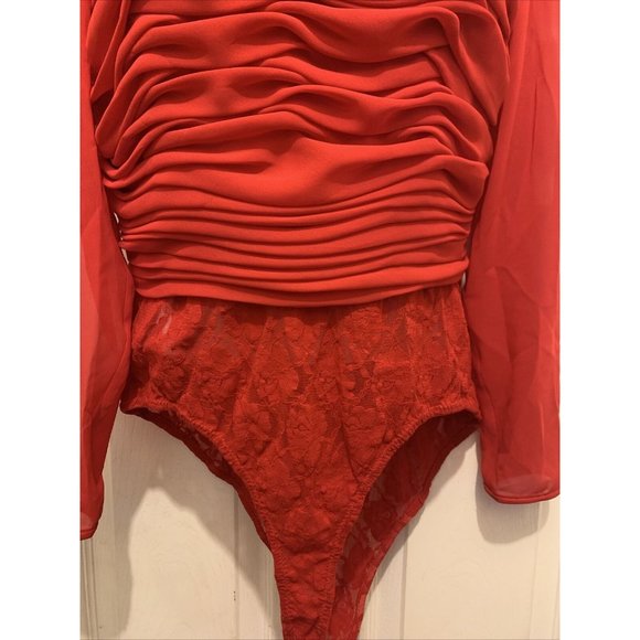 Vintage 80s A.J. Bari Red lace bodysuit blouse Leotard size 10 - Picture 2 of 7